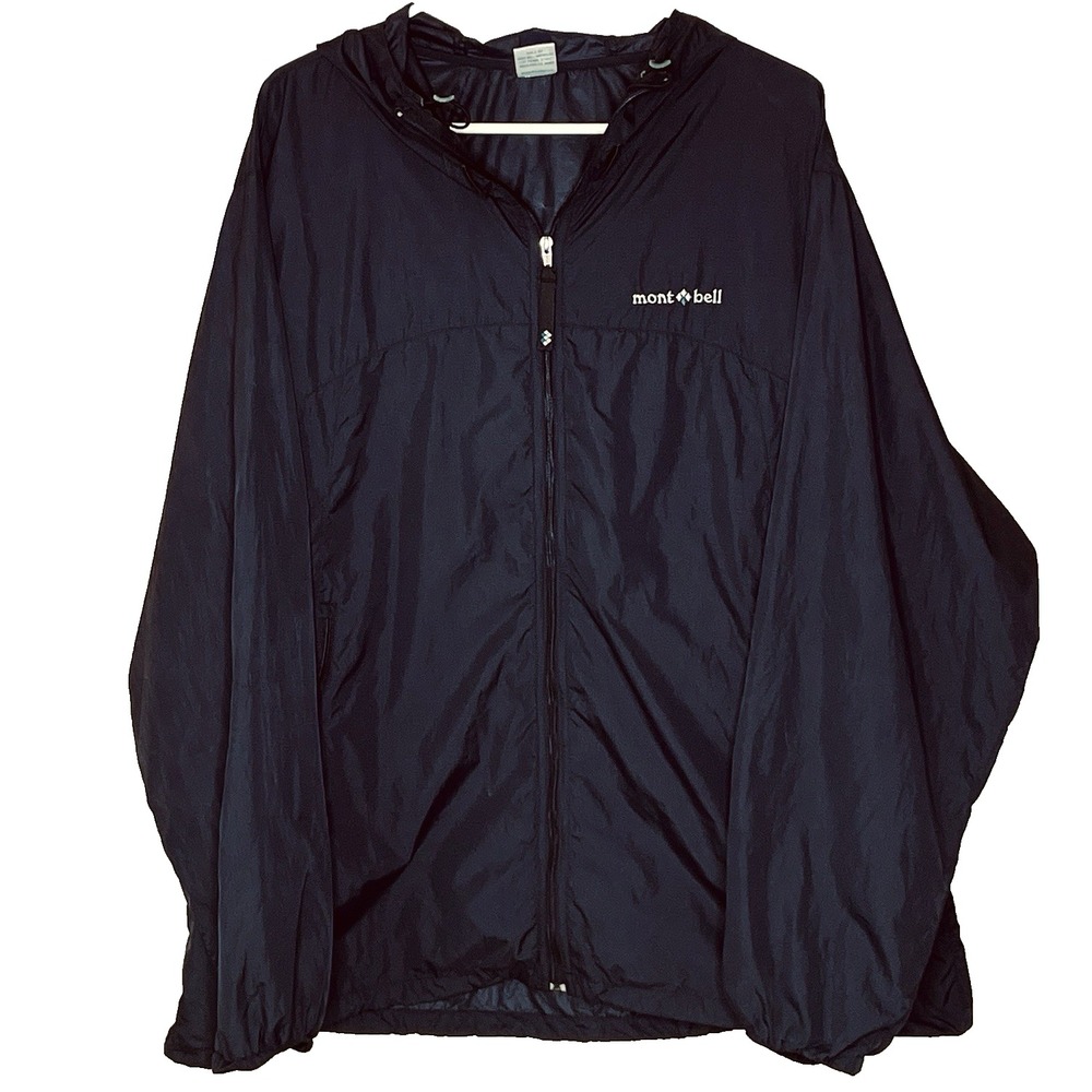 Montbell Men's Wind Blast Windbreaker Jacket Black USA L Zip Up Hooded Packable